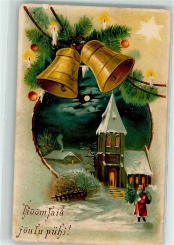 Prägedruck Kirchgang Glocken Roomlaid joulu pühi AK Weihnachtsmann 1907 Gebrauchsspuren