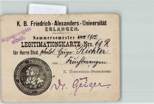 Erlangen Sommersemester 1902 Legitimationskarte Universität Erlagen