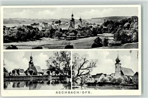 96132 W8602 Aschbach , Oberfr Foto AK Fussballplatz Kirche St.Laurentius St. Gallus