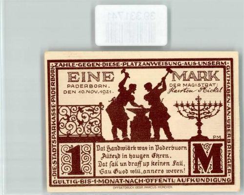 Paderborn Notgeld Eine Mark Schmiede Amboß