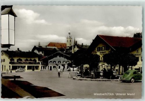83714 W8160 Miesbach Foto AK Unterer Markt Bäckerei Auto Fahrrad Kirche