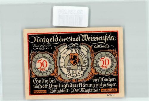 Weißenfels Notgeld 50 Pfennig Wappen Pferd Herrenschuh Damenschuh Ausverkauf Rathaus