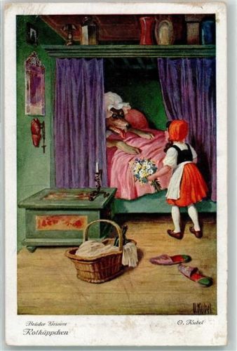 Brüder Grimm Rotkäppchen Wolf Tiere vermenschlicht Pantoffeln Bett Korb Märchen Karte 5 Serie 128 Nr 3734