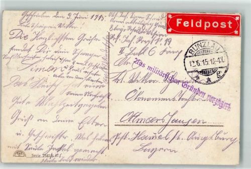 Bunzlau Boleslawiec Feldpost-Marke Die Sonne sank im Westen Soldaten Pickelhaube Gewehr Verletzter Feldpoststempel WK I 1915