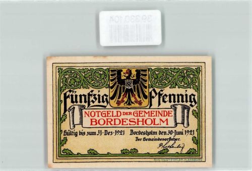 Bordesholm 1921 Notgeld 50 Pfennig Gemeinde Bordesholm
