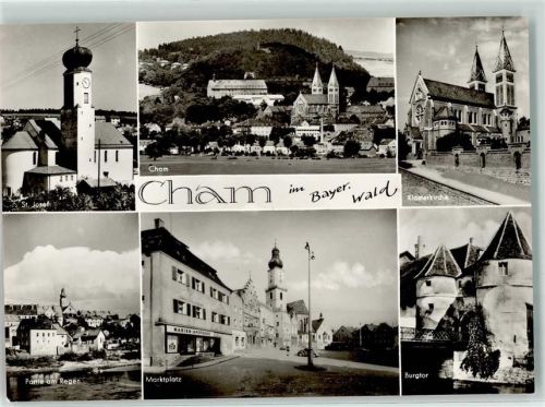 Cham St. Josef Klosterkirche Burgtor Marktplatz Partie am Regen Marien Apotheke Auto Bayerischer Wald