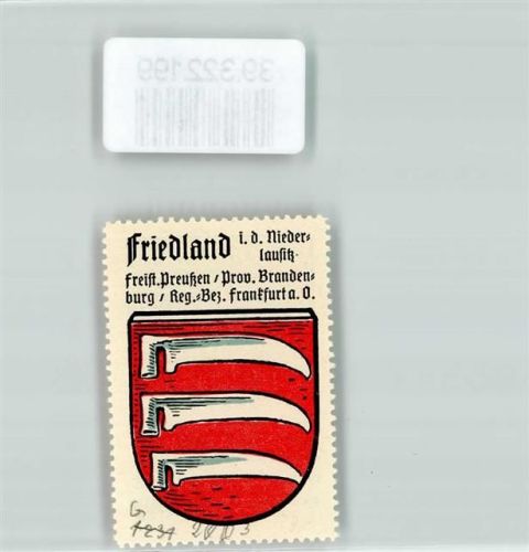 Friedland Vignette Wappen Freist. Preußen Prov. Brandenburg Reg. Bez. Frankfurt a. O.