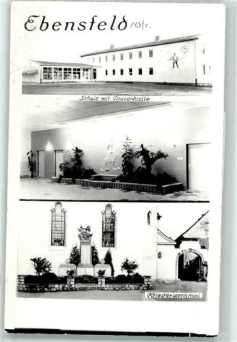 96250 W8629 Ebensfeld Gebrauchsspuren Kriegerdenkmal Schule Pausenhalle Foto-AK