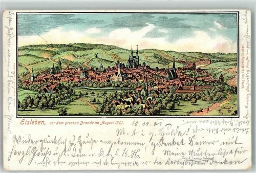 06295 O4250 Lutherstadt Eisleben Gebrauchsspuren Vor dem grossen Brande im August 1601 Kirche Künstlerkarte