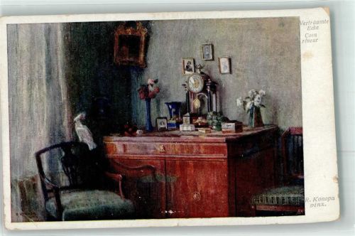 1918 Scan verzogen sign.Konopka R. Verträumte Ecke Uhr Ara B.K.W.I. Nr.1842
