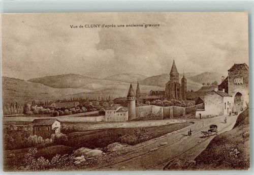 Cluny Vue de Cluny d apres une ancienne gravure Kirche Turm Tor Kutsche