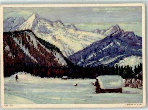 Eduscho Künstlerkarte sign. Fritz Preiß Alpspitze im Winter