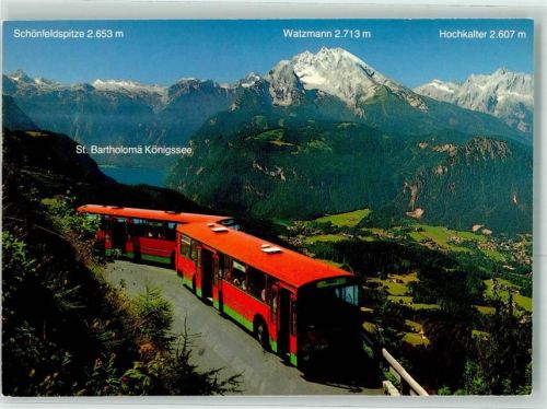 Kehlsteinhaus Omnibus auf Kehlsteinstraße mit Blick auf Schönau und Königssee Hüttenstempel