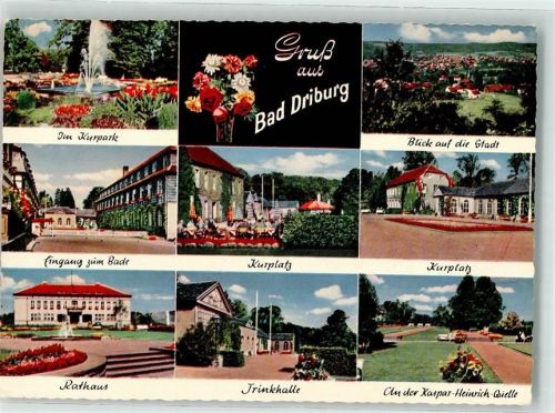 Bad Driburg Kurpark Eingang zum Bade Kurplatz Rathaus Trinkhalle Kaspar Heinrich Quelle Gruß Blumen Springbrunnen