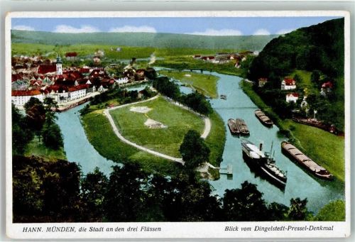 Hann Münden Blick vom Dingelstedt Pressel Denkmal Binnenschiff Raddampfer