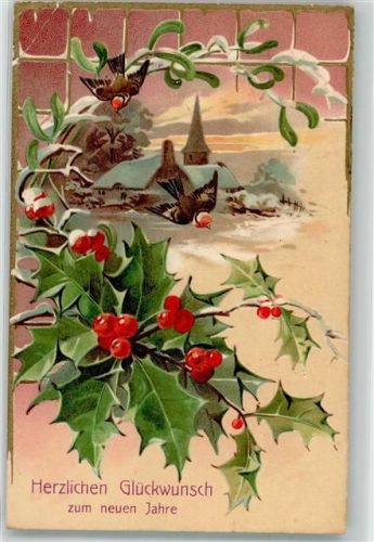 Neujahrsgrüße Vögel vor einer kleinen Kirche in der Dämmerung Ilex Misteln Lithographie Erika Nr. 3985