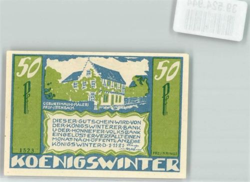 Königswinter 1921 Notgeldschein Gutschein Stadt Königswinter über 50 Pfennig Geburtshaus des Malers Ittenbach