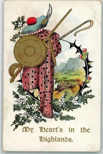 1906 Kilt Mütze und Schwert My heart's in the Highlands Lithographie