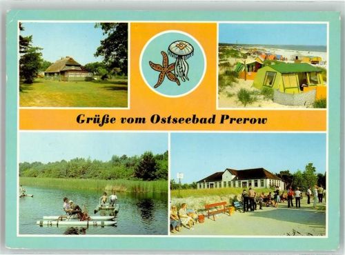 Ostseebad Prerow Rohrdachhaus Campingplatz A19 Wassertretboote Dünenhaus und Strandübergang VEB Bild und Heimat