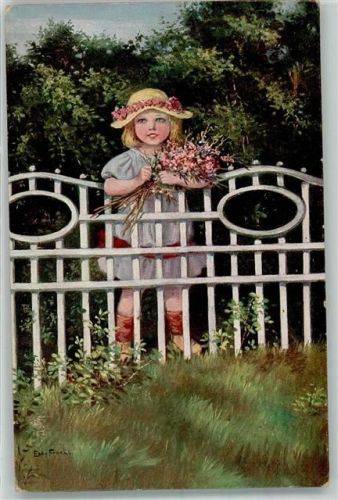 1920 Am Gitter , Kind Strohhut Blumenstrauß Gartenzaun