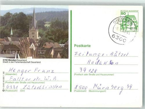 Menden 1986 Ganzsache