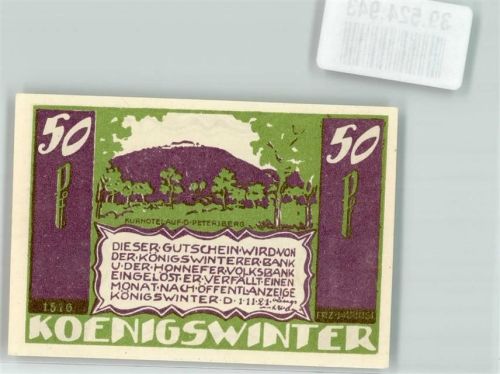 Königswinter 1921 Notgeldschein Gutschein Stadt Königswinter über 50 Pfennig Kurhotel auf dem Petersberg