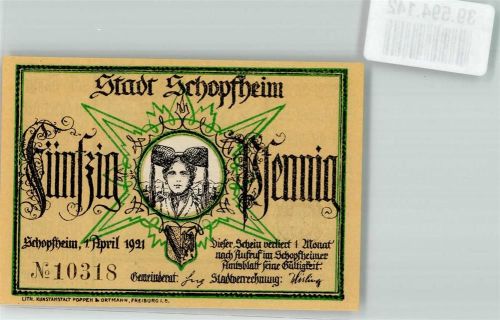 Schopfheim 1921 Schwarzwaldtracht 50 Pfennig Wappen Häfnet-Jungfrau sign. J.P. Hebel