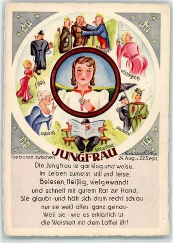 sign. Müller Jungfrau mit den Eigenschaften weltklug wissbegierig ablehnend beobachtend engherzig listig Verlag Lengauer Nr. 1279