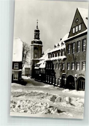Wolkenstein Rathaus und St. Bartholomäus-Kirche im Schnee VEB Bild und Heimat Fotograf Schenk
