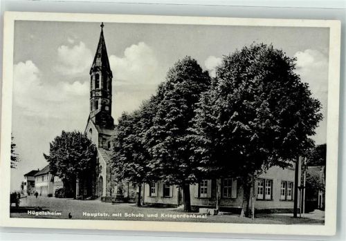 76549 W7571 Hügelsheim - Hauptstraße mit St. Laurentiuskirche Schule und Kriegerdenkmal
