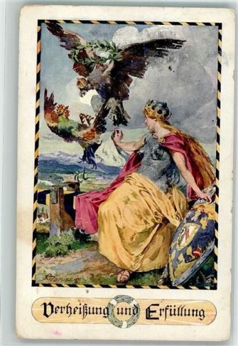 1915 sign. Marussig Verheißung und Erfüllung Germania mit Schild und Adlern Bund der Deutschen in Niederösterreich Karte Nr. 66 Feldpost WK I 2. Ers. Batl. Res. Inf. Reg. 102