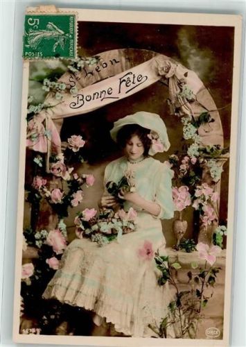 1914 Bonne Fete Frau mit Rosengirlande Mode handkoloriert Verlag Circe 4278 Studiokulisse