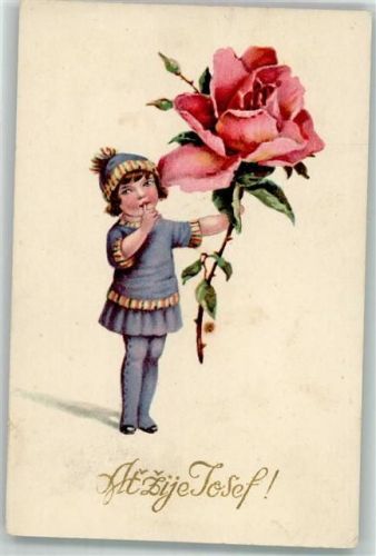 1927 Glückwunsch Josef Atzije Kind mit einer großen Rose Verlag Lederer & Popper 14041/1