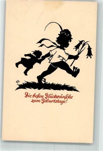1940 sign. OST Geburtstag Kind eilt mit Puppe und Blume zum gratulieren Verlag August Gunkel 339/1