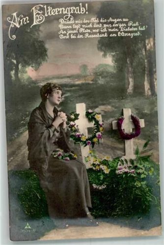 1928 Frau Am Elterngrab Blumen Kreuz