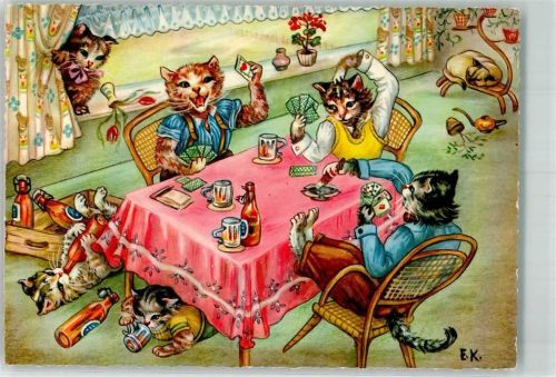 Katzen Skat spielen Zigarre Bier Tier, vermenschlicht Künstlerkarte