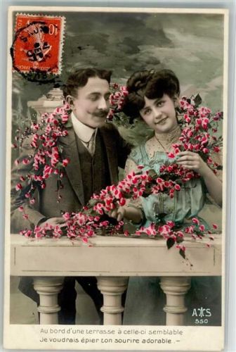 1915 Verlag A & S 550 Liebespaar Blüten handkoloreert Studiokulisse