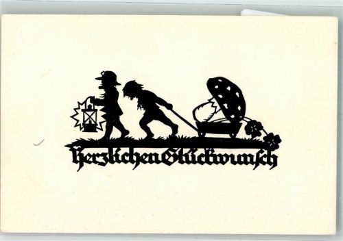 1938 Scherenschnitt Herzlichen Glückwunsch Zwerge ziehen eine Karre mit Fliegenpilz Hessischer Heimat-Verlag