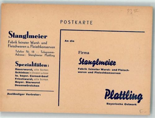 Plattling Handlung Stanglmeier Wurst und Fleischkonserven Geschäftskorrespondenz