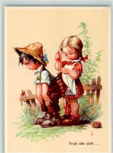 Mädchen flickt dem Jungen den zerissenen Hosenboden Kinderpoesie Verlag C. Pahl & Co. Nr. 101-2 Nähen Künstlerkarte