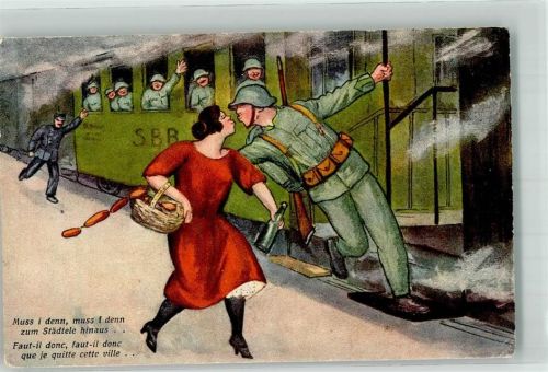 Landser küsst aus dem abfahrenden Zug hinaus noch schnell seine Frau Feldpost Verpflegungs-Kompanie II/4 Militär Humor WK I Künstlerkarte