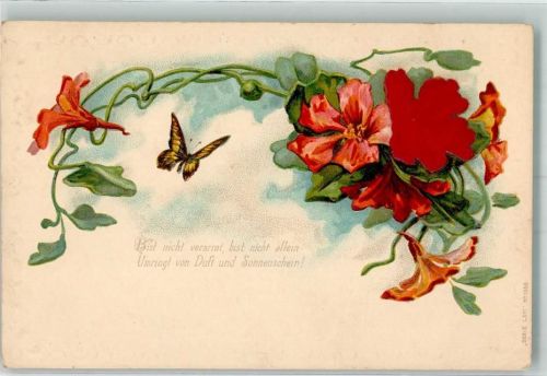 mit Echtstoffaplikation Blumen Spruch Serie LXVI Nr.1068 Schmetterling Prägedruck