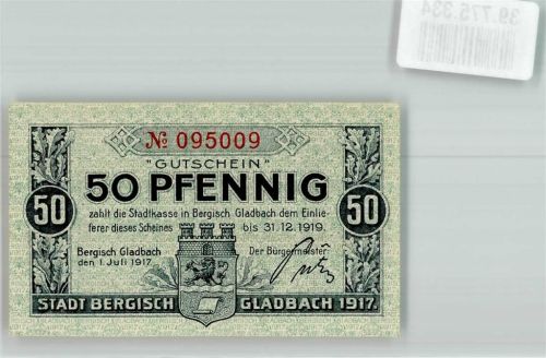 Bergisch Gladbach 1917 50 Pfennig Gutschein No. 095009