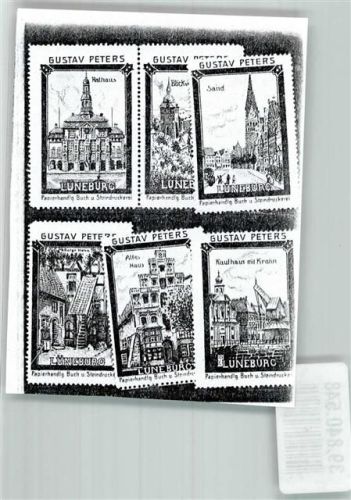 Lüneburg Vignetten-Collage der Papierhandlung Gustav Peters mit den Motiven Rathaus Sand Altes Haus Kaufhaus mit Kran