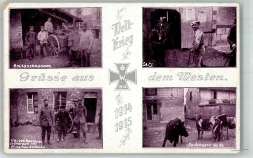WK I Feldküche Kühe französ. Einwohner in Eintracht mit deutschen Soldaten