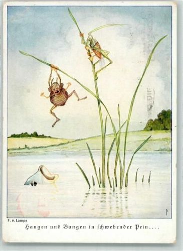 Käfer Grashüpfer Fisch sign. von Lampe F. Hangen und Bangen Verlag Wiechmann Nr.7457 Tier, vermenschlicht Künstlerkarte