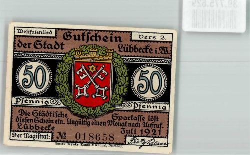 Lübbecke 1921 50 Pfennig Gutschein No. 018658