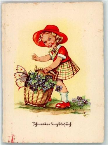 Korb mit Blüten Kind bekommt Besuch von einem Schmetterling