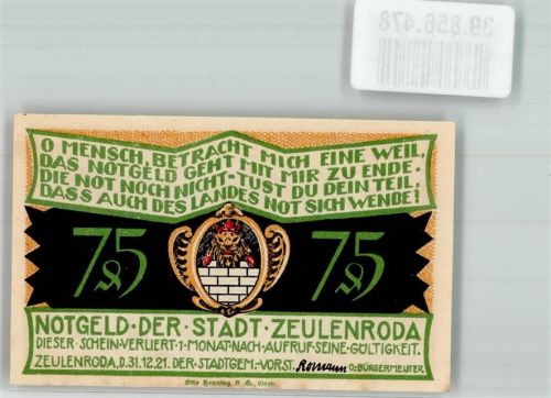 Zeulenroda 1921 75 Pfennig Ziska und Holck