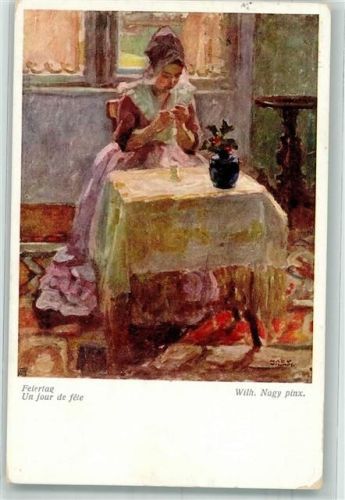 1915 sign. Nagy, Wilhelm Junge Frau am Feiertag bei Näharbeiten Verlag Wiener Kunst B.K.W.I. Nr. 1664